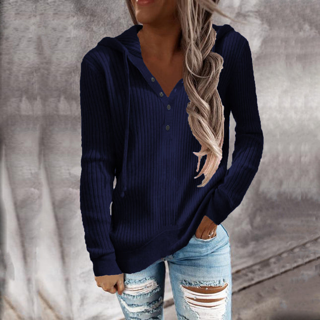 Striped Casual Loose Knit Sweater Open Collar Long Sleeve Rib Hooded