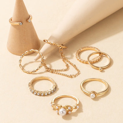 Wholesale Fashion Rhinestone Pearl Chain Tassel Mitten Ring 8pcs