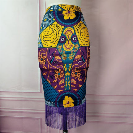 High Waist Print Stitching Tassel Party Plus Size Ladies Skirt
