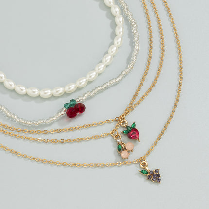 Retro-Hirse-Korn-Rhinestone-Kirschfrucht-Perlen-Halskette