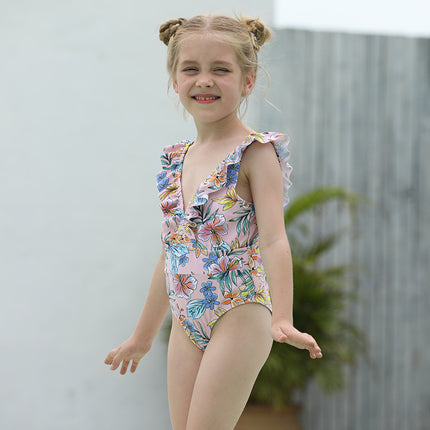 Einteiliger Badeanzug für Mädchen, rückenfreier Blumen-Badeanzug für Kinder