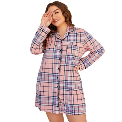 Vestido de pijama de talla grande para primavera y verano, cárdigan de manga larga para mujer, camisón a cuadros