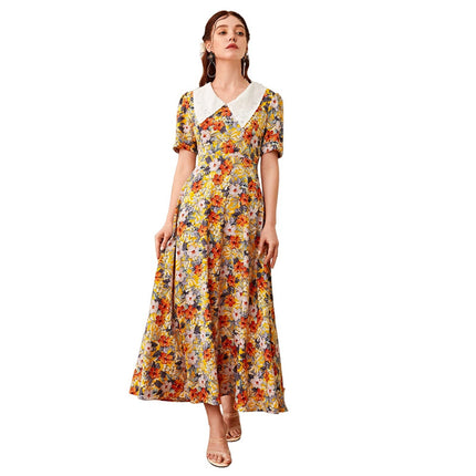 Wholesale Ladies Doll Collar Short Sleeve High Waist Ruffle Maxi Dress