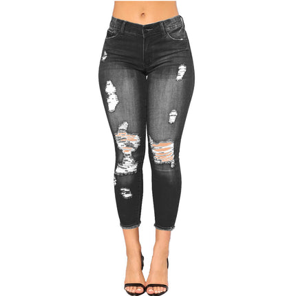 Wholesale Ladies High Elasticity Ripped Small Feet Skinny Crop Jeans
