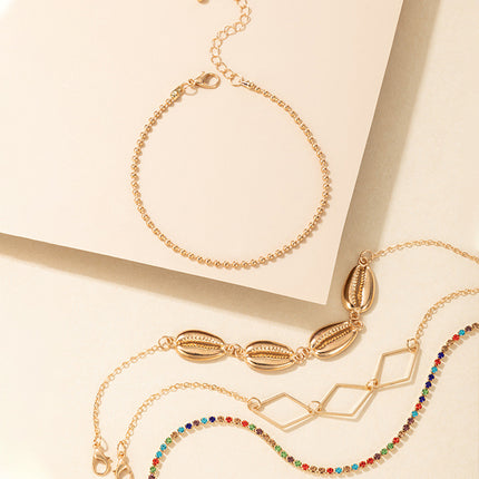 Colorful Rhinestone Shell Alloy Beads Multilayer Anklet