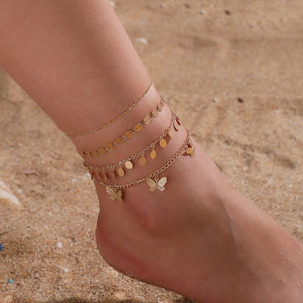 Disc Tassel Butterfly Pendant Four-Tier Anklet