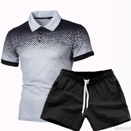 Frühling Herbst Herren Poloshirt Shorts Set mit 3D-gedrucktem Revers und Farbverlauf