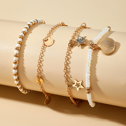 Wholesale Fashion Pearl Seashell Beaded Star Disc Anklet Four Pieces