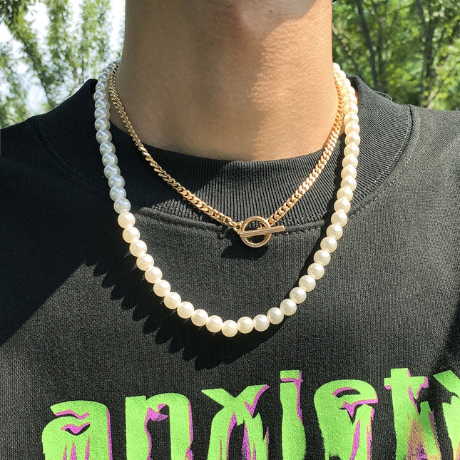 Imitation Pearl Men's Necklace Metal Otto Buckle Chain Choker