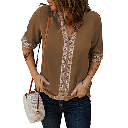 Wholesale Women's Half Sleeve V Neck Embroidered Lace Casual Shirt