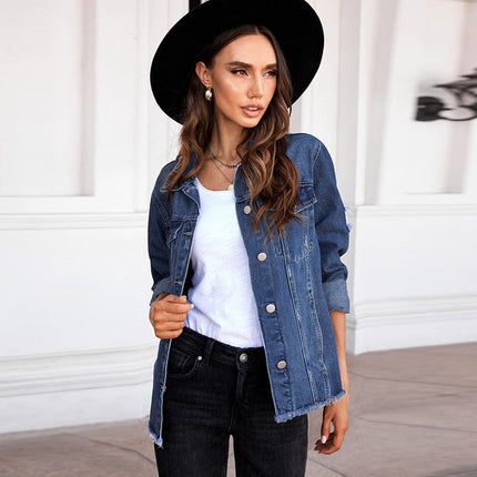 Women's Casual Washed Blue Denim Jacket Coat