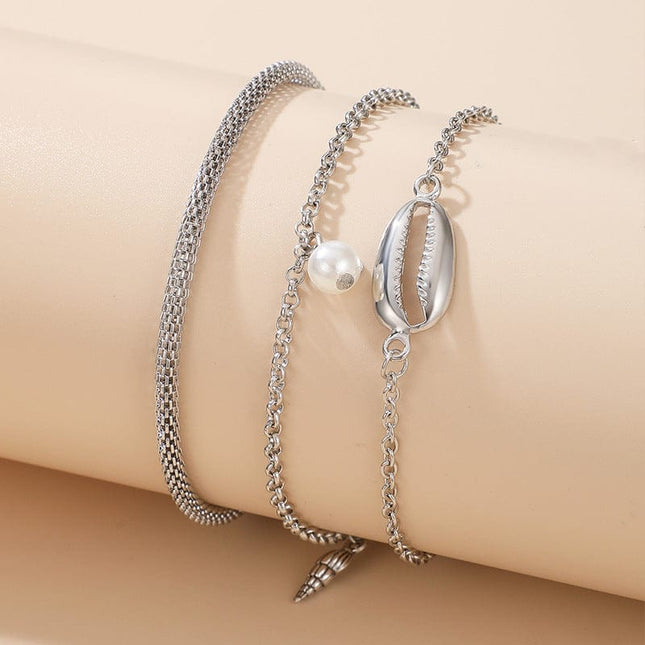 Shell Conch Pearl Snake Bone Chain Fußkettchen Dreiteiliges Set