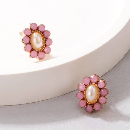 Pendiente individual blanco con diamantes de imitación y perla de metal geométrico rosa