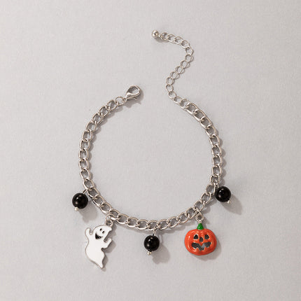 Tobillera con cuentas de cadena con cara de fantasma de gato y calabaza con goteo de Halloween