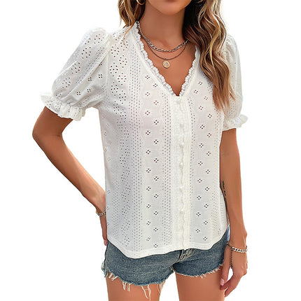 Sommer-Damen-Spitzen-Weiß-Pullover-Shirt mit V-Ausschnitt