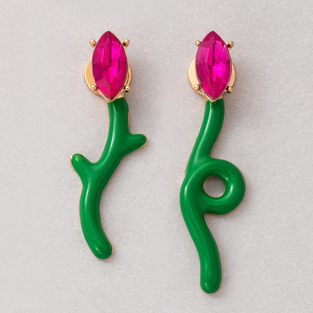 Irregular Geometric Floral Pink Rhinestone Stud Earrings