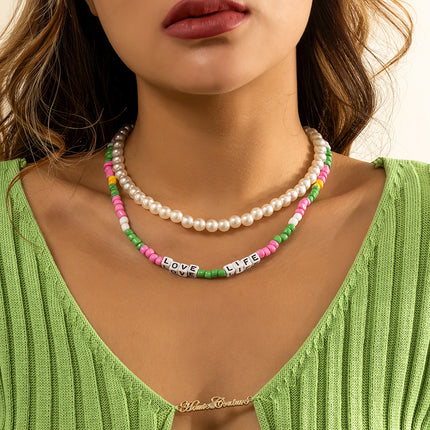 Colorful Beads Clavicle Alphabet Imitation Pearl Necklace