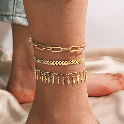 Ladies Simple Fringe Thick Chain Gold Fashion Three Piece Anklet