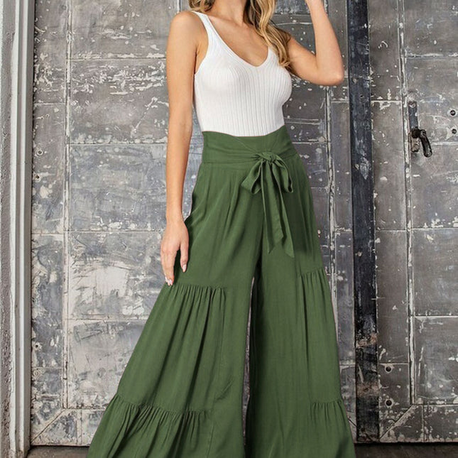 Wholesale Women's Strap Elastic Waist Pleated Wide Leg Casual Pants