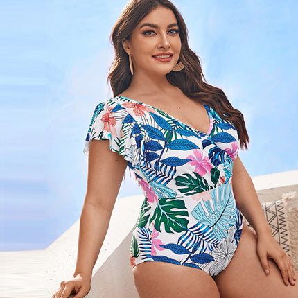 Ladies Plus Size Bikini Print Ruffle Sleeve Swimsuit