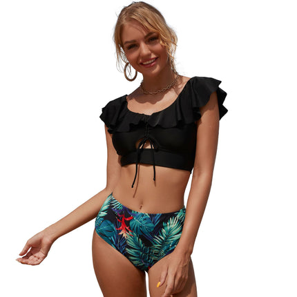 Wholesale Ladies Drawstring Slim Split Ruffle Printed Swimsuit