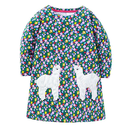 Vestido infantil Cuello redondo Niñas Otoño Algodón Vestido floral