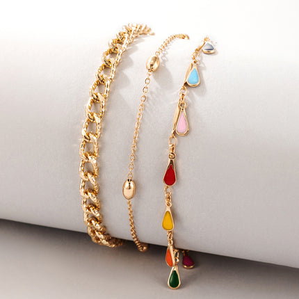Buckle Chain Colorful Waterdrop Tassel Contrast Anklet 3 Pieces