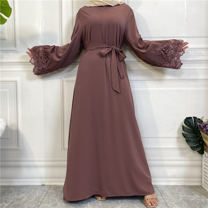 Vestido de cremallera de encaje floral de color sólido para damas musulmanas al por mayor
