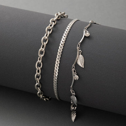 Three-Piece Metallic Silver Leaf Anklet