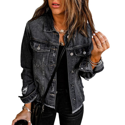 Women's Casual Washed Blue Denim Jacket Coat