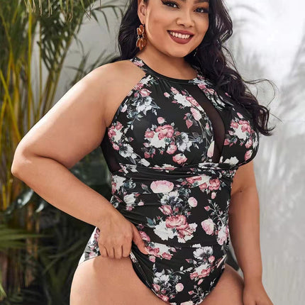 Einteiliger Damen-Bikini-Badeanzug aus bedrucktem Mesh in Übergröße