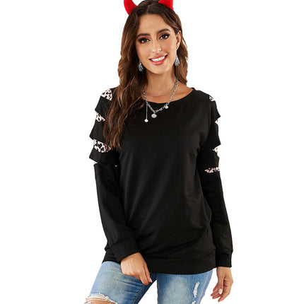 Leopard Print Round Neck Pullover Long Sleeve Hoodies