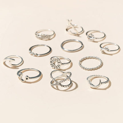 Vintage Mond Feder geometrische unregelmäßige zwölfteilige Ring-Set