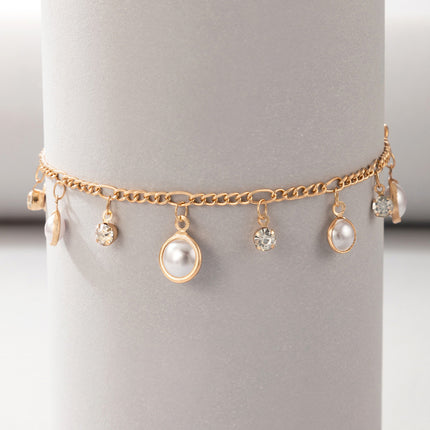 Pearl Inlay Pendant Single Layer Anklet Geometric Rhinestone Chain Anklet