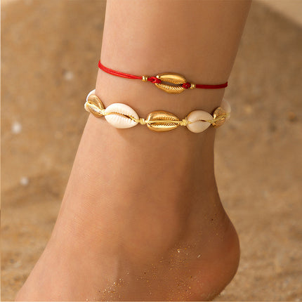 Small Red Rope Bead Shell Pendant Beach Alloy Anklet