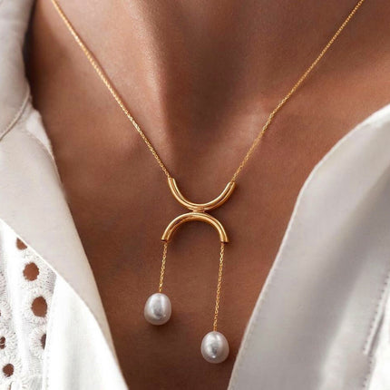 Pearl Tassel Necklace Simple Metal Style Semicircle Pendant Necklace
