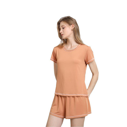 Damen Kurzarm Pyjama Sommer Einfarbig Homewear Set
