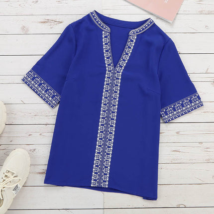 Wholesale Women's Half Sleeve V Neck Embroidered Lace Casual Shirt