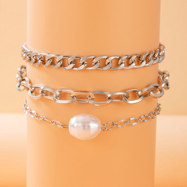 Tobillera de triple capa con cadena geométrica de perlas
