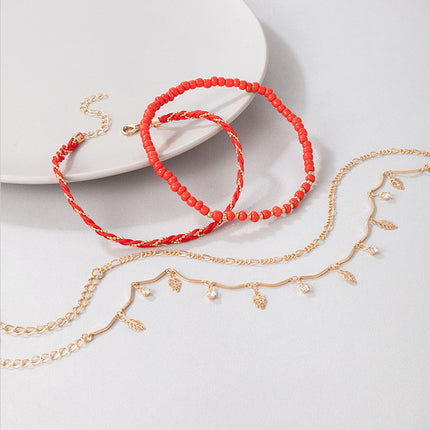 Cord Woven Rice Beads Leaf Rhinestone Tassel Four Layer Anklet Set