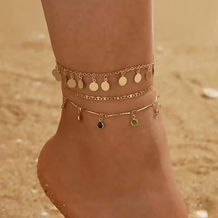 Tassel Rhinestone Multilayer Anklet Geometric Metal Disc Anklet