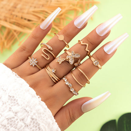 Butterfly Set Rhinestone Snake Nine-Piece Open Ring Set