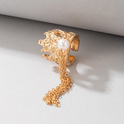 Simple Irregular Gold Geometric Pearl Chain Tassel Ring