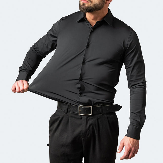 Camiseta sedosa de manga larga para hombre, elástica en cuatro direcciones, sin planchado