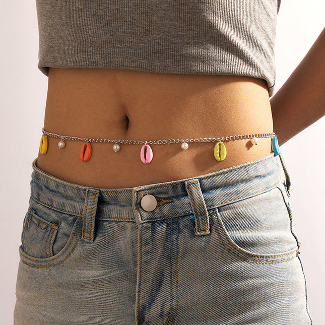 Cadena de cintura de una sola capa con flecos coloridos de concha pintada con spray de perlas