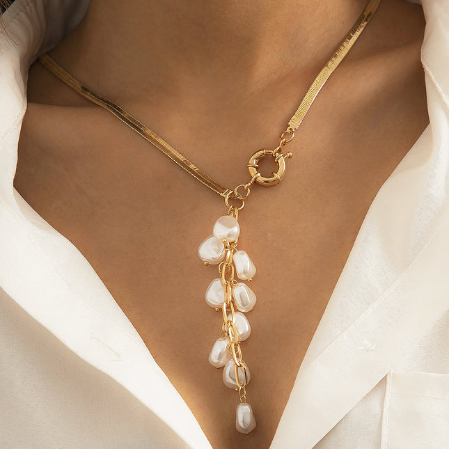 Rice Pearl Tassel Necklace Metal Flat Snake Chain Clavicle Necklace