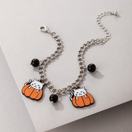 Tobillera con cuentas de cadena con cara de fantasma de gato y calabaza con goteo de Halloween