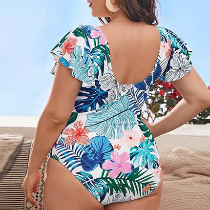 Traje de baño de manga con volantes y estampado de bikini de talla grande para mujer