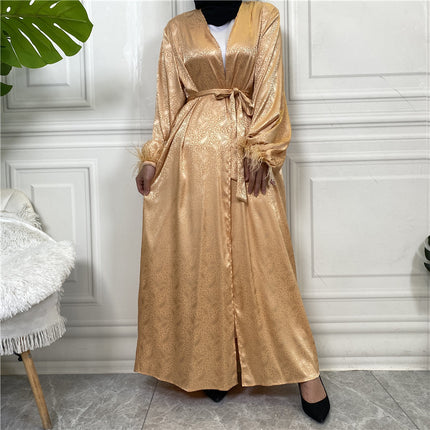 Muslimische Kleidung Bedruckte Satin-Langarm-Feder-Strickjacke