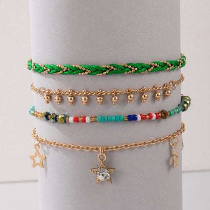 Colorful Beaded Rope Star Bead Four Layer Anklet